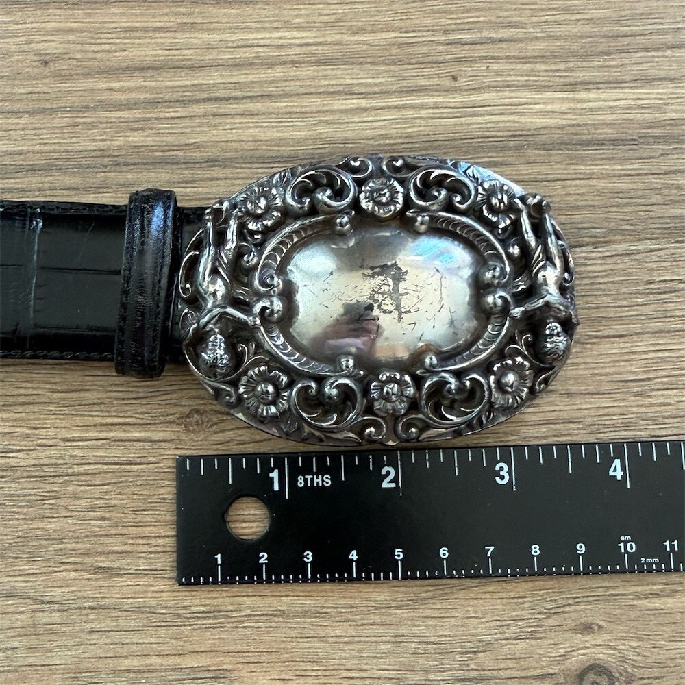 Brighton VTG 1995 Black Belt  Size M Black Croc Embossed Cherub Angel Buckle - Picture 5 of 11